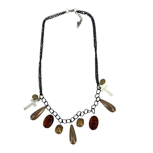 Necklace Statement Charm Stone Adjustable 20-22" Black Gold 0051 Chain Cross - Picture 1 of 5